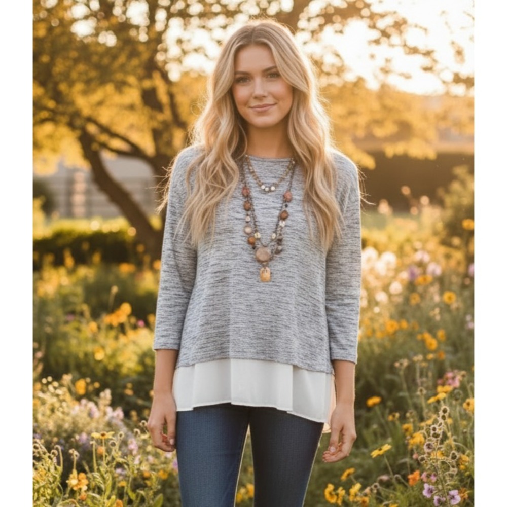 Loft M Women's Gray Top Knit Comfy Cozy Casual Tunic Boho Chic Cottage Neutral‎